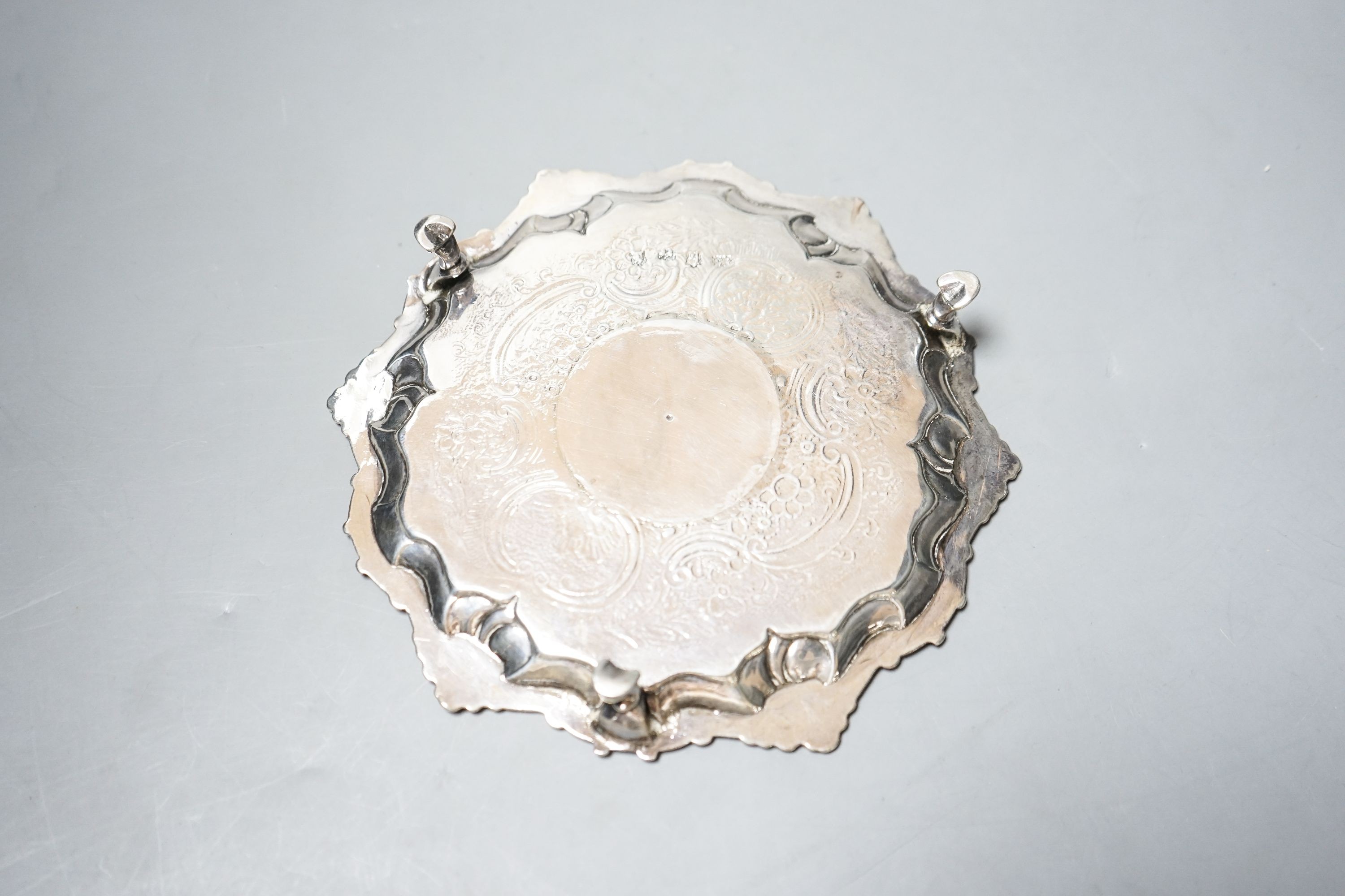 A George II silver waiter, with later engraved decoration, William Grundy, London, 1751, 18.6cm, 8oz (a.f.).
